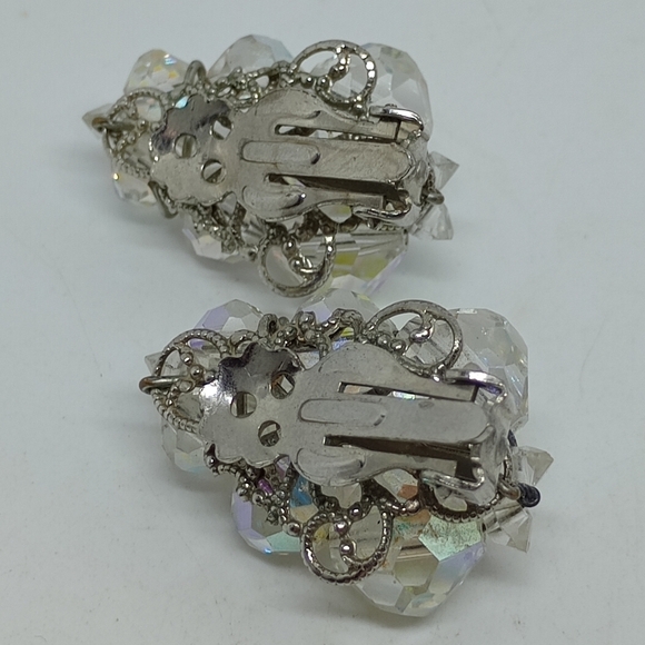 * vintage AB Aurora Borealis glass crystal clip on earrings unusual shape - Picture 5 of 6